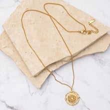 Load image into Gallery viewer, Sole 14k gold plated round sun pendant necklace
