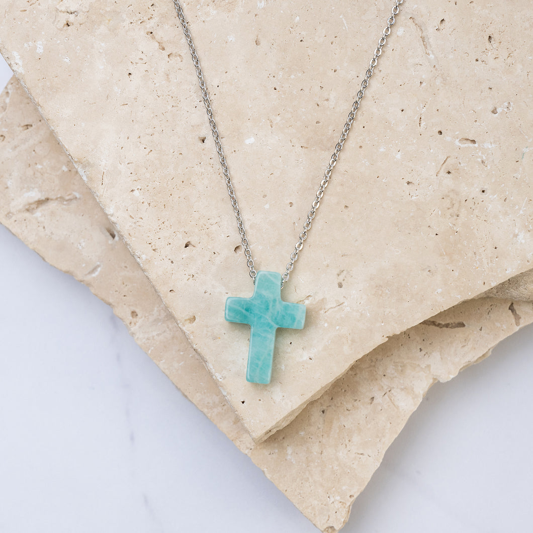 Isabella 14k gold plated amazonite cross necklace