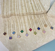 Load image into Gallery viewer, Clover 14k gold plated vermeil and zirconia birthstone necklace

